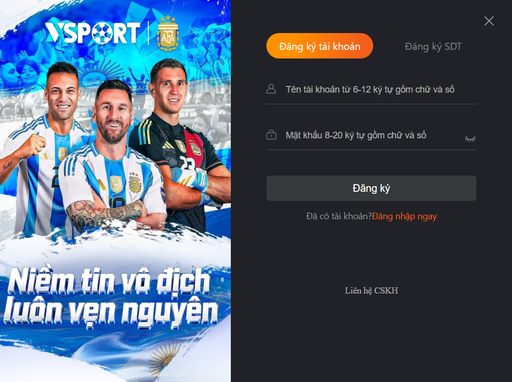 Đăng ký tài khoản Vsport bằng tên đăng nhập và mật khẩu