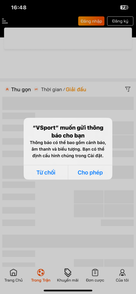 Chọn “cho phép” để nhận thông báo từ Vsport
