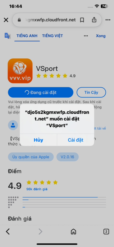 Người chơi nhấn vào cài đặt để hệ thống cài đặt app Vsport