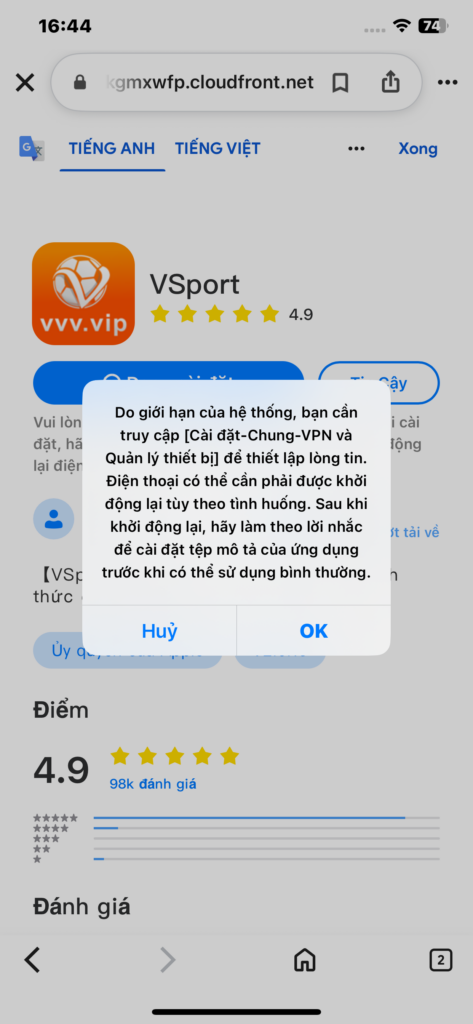 Nhấn vào mục “ok” để chấp thuận việc tải Vsport từ một nguồn không phải từ app store